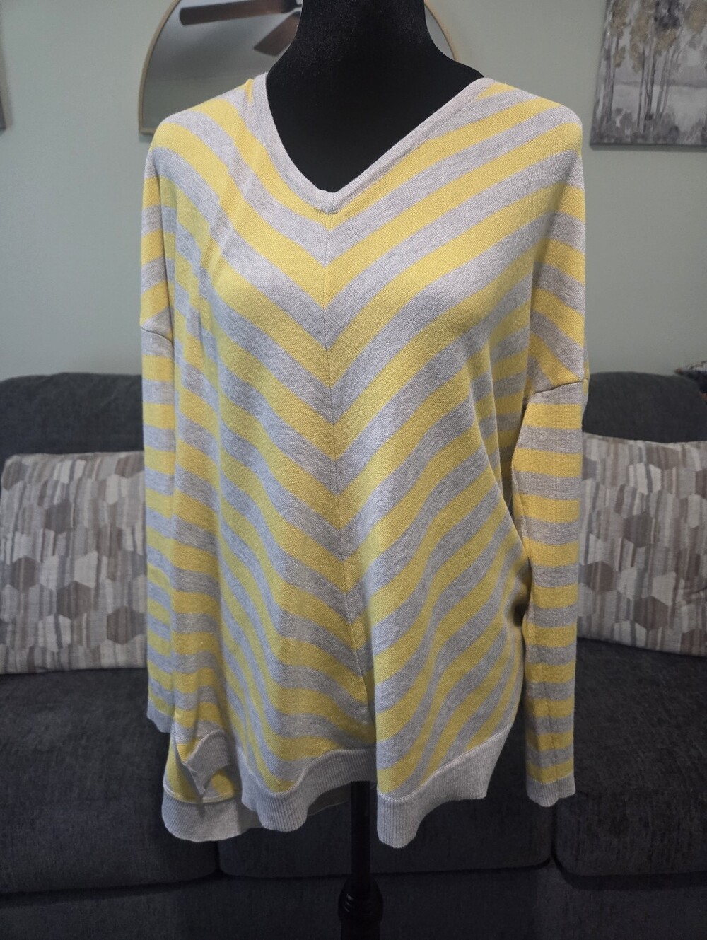 Lane Bryant Yellow and Light Gray V-Neck Striped Sweater